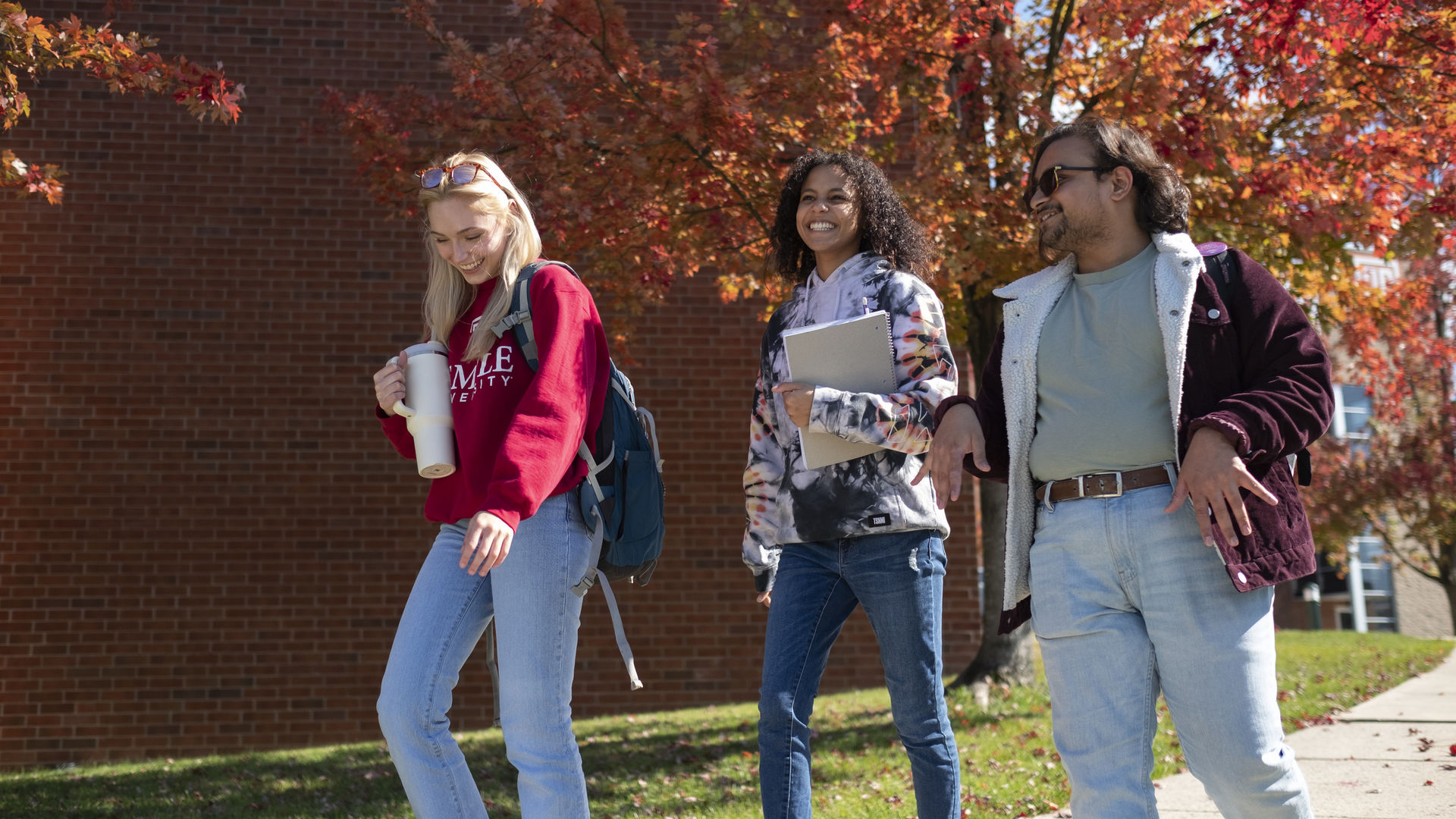 three students walking together on a fall day.