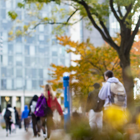 students walking across Main Campus on a fall day. 