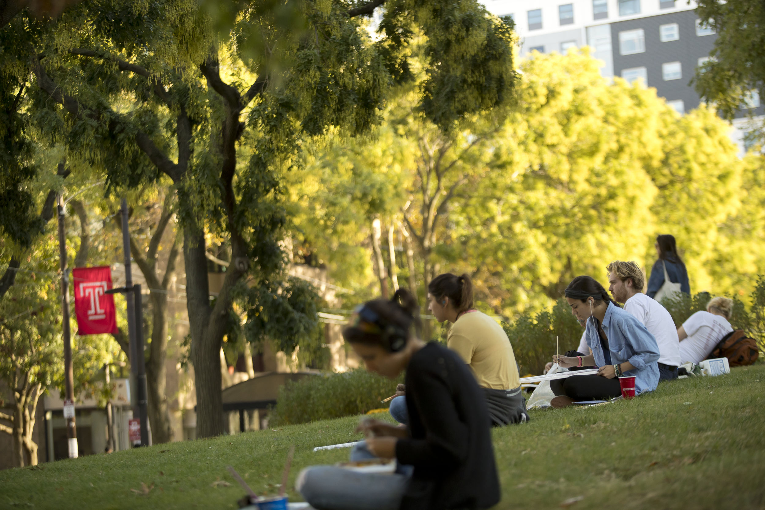 Students studying while sitting in a grass courtyard on campus.