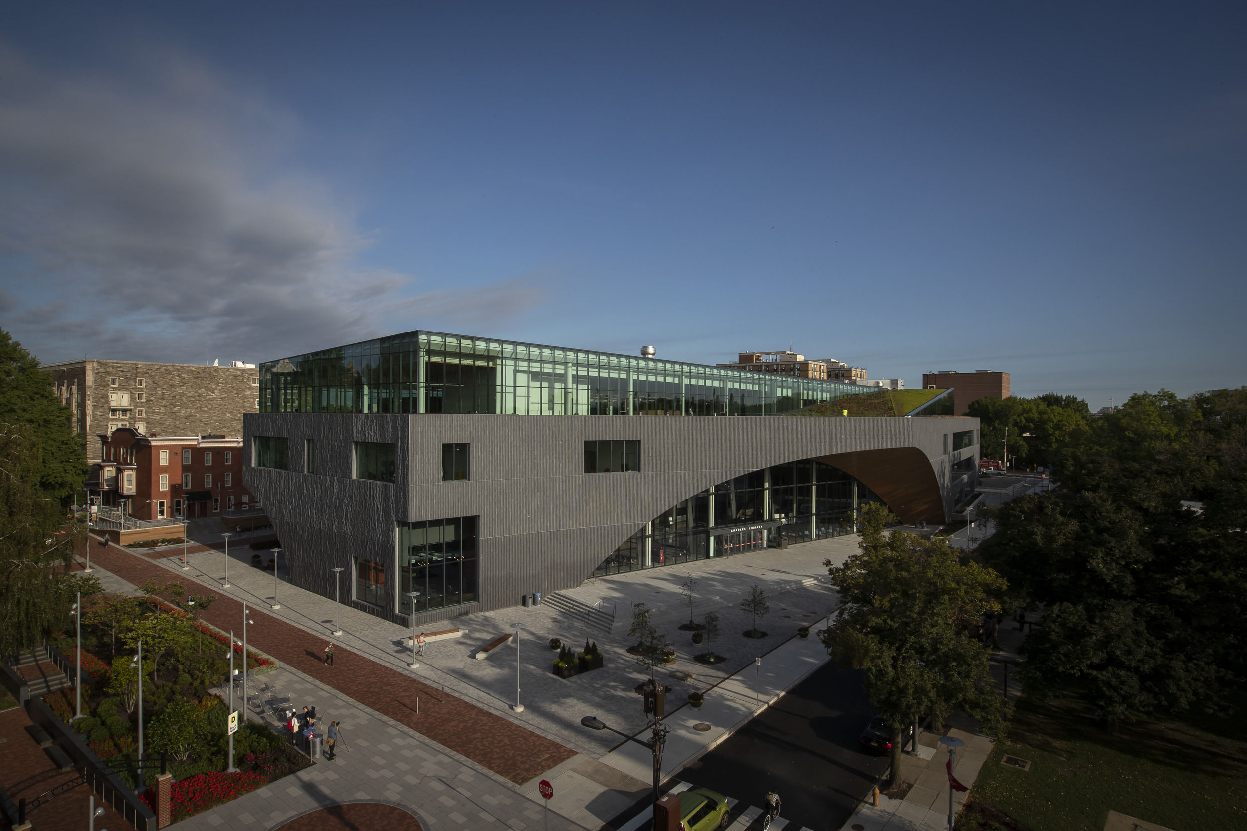 A shot of the outside of Charles Library.