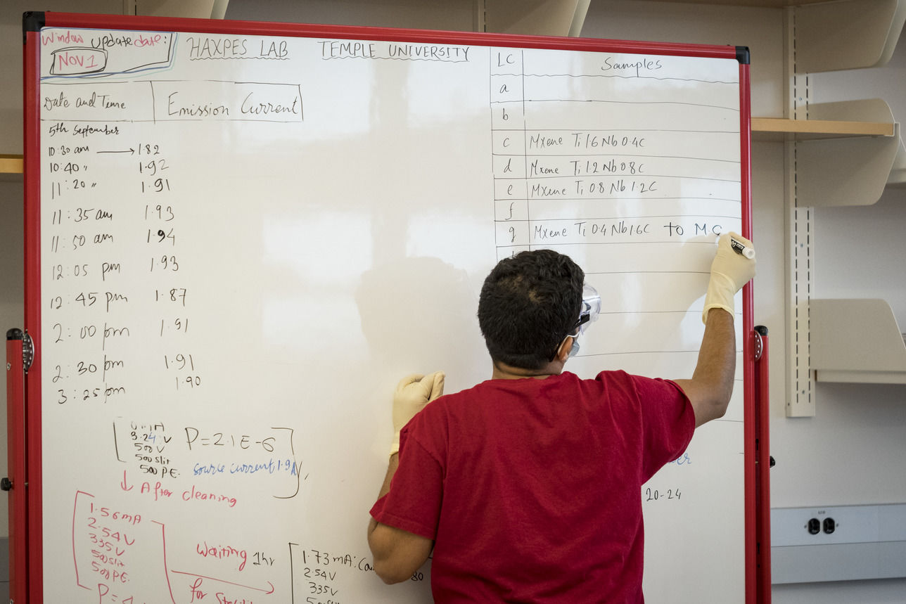 A College of Science and Technology student writes on a white board during physics class.