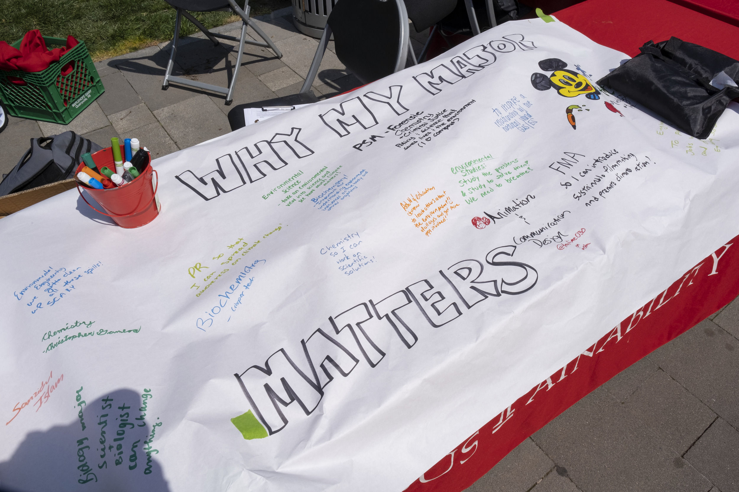 Banner signed by students including their majors and why sustainability matters to them.