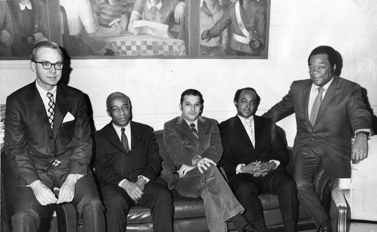 Members of the special committee of Pennsylvania Bar Admissions Procedures. From left to right: Ruthrauff, Judge Green, Liacouras, Jackson and Judge Dandridge.