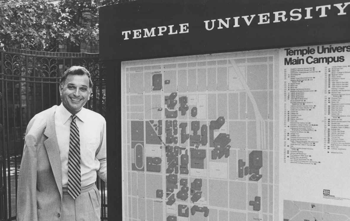 President Peter Liacouras at the main gate of the university