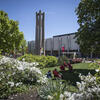 Students sitting on lawn chairs by the Bell Tower in the spring.