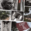 A mosaic of various Temple University landmarks, including the Bell Tower and statue of Russell Conwell.