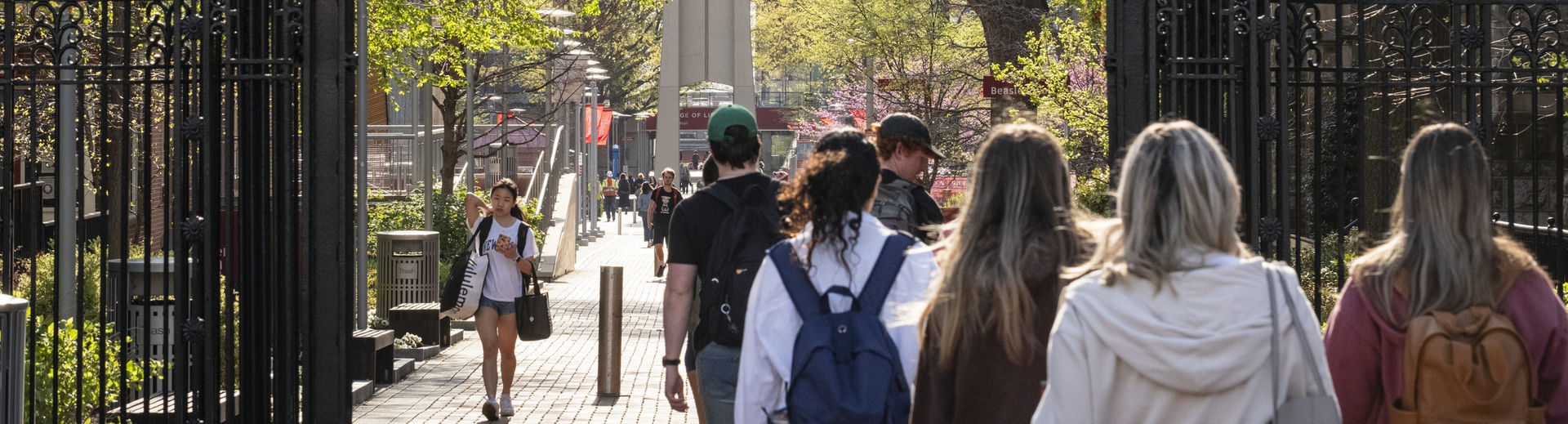 students walk across campus on a sunny day.