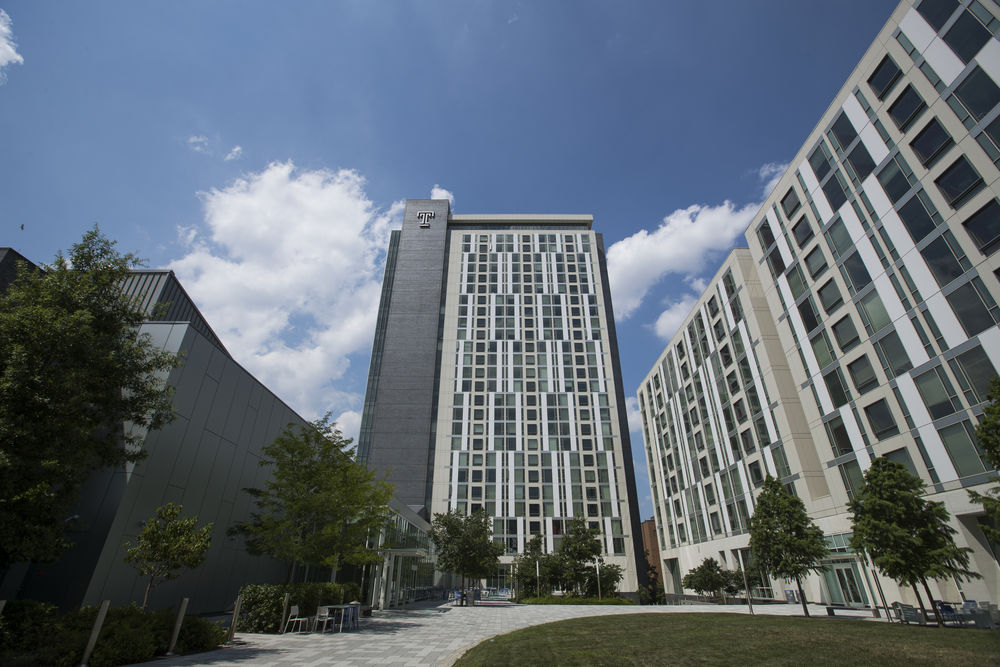 Morgan Hall North and South towers as seen from the courtyard connecting the two buildings. 