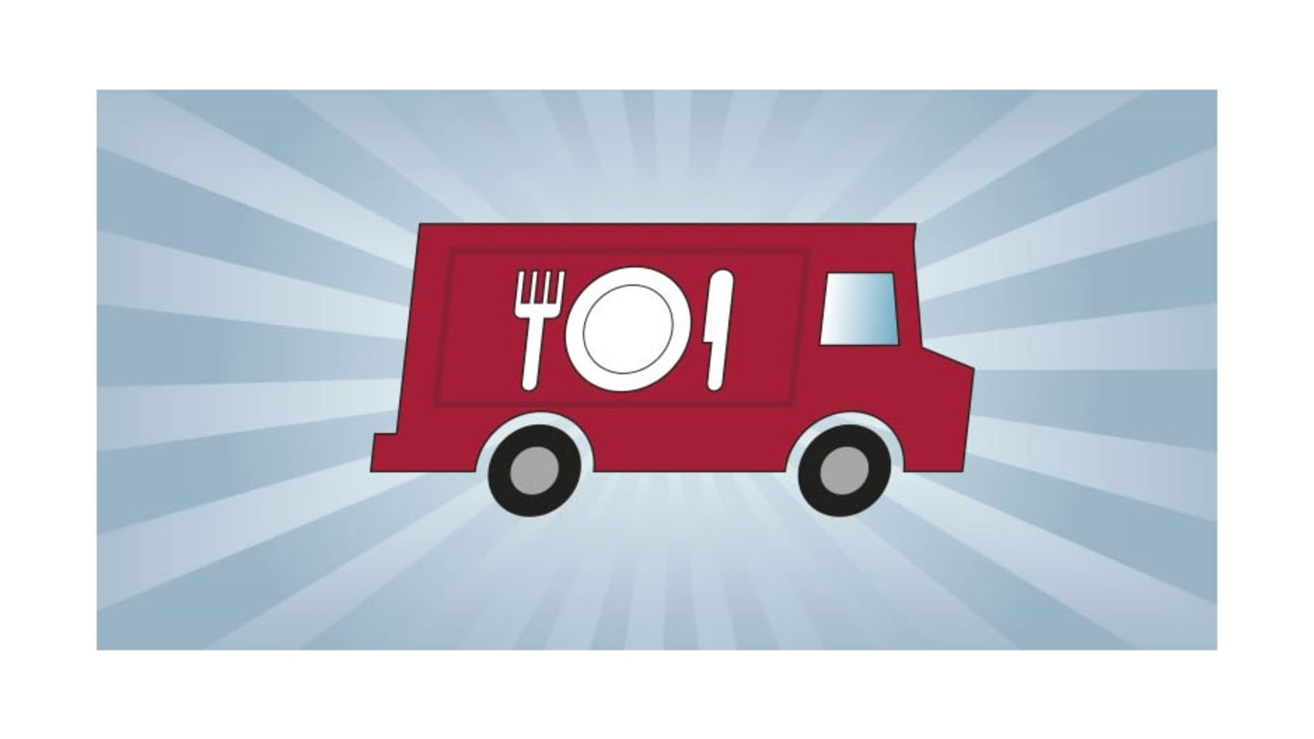 An illustrated food truck with a plate, fork and knife on the side of the truck.
