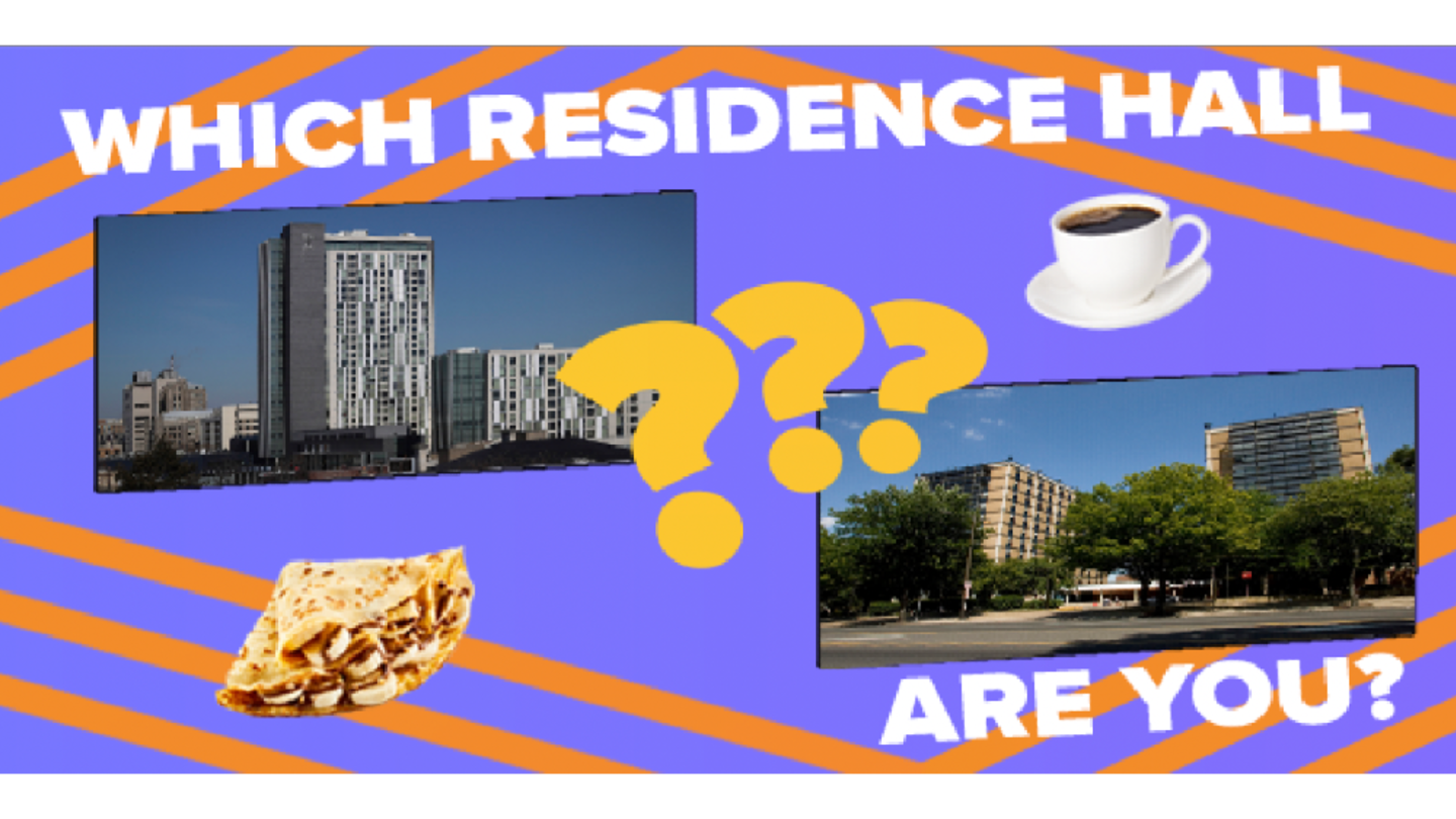 two residence halls, a crepe, a cup of coffee and three question marks