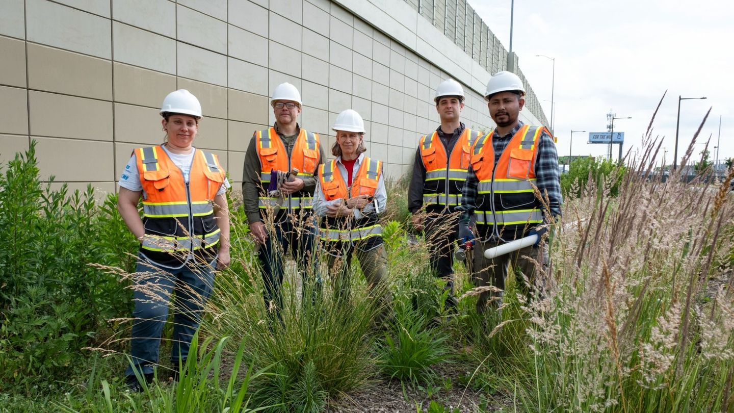 Biofiltration basins, and the plants that grow within them, play an important role in Philadelphia’s stormwater management. A group of Temple researchers has been collecting data on basins and their plants since 2017. Pictured from left to right: Joni Baumgarten, Sasha Eisenman, Laura Toran, Josh Caplan and Abdullah Al-Amin. Image of the Temple research team in a bioinfiltration basin along I-95.